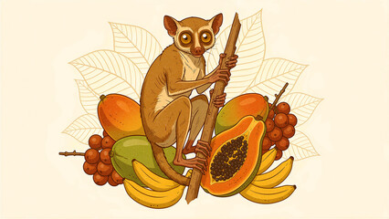 Naklejka premium Lemur holding a wooden branch surrounded by tropical fruits like papaya and bananas. Artistic wildlife illustration featuring a primate with exotic food. Vintage animal nature concept design.