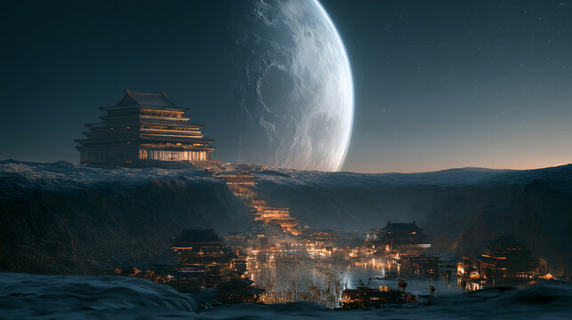 Mid-Autumn sci-fi future imagery, holographic Chinese pavilions built inside lunar crater, floating light particles representing people, Earth rising on lunar horizon, commercial asset for poster, pac