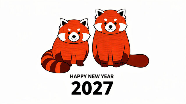 Two cute red pandas with Happy New Year 2027 text. Adorable cartoon characters on a plain white background. Festive greeting card concept for holiday marketing and seasonal celebrations.