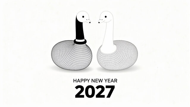 Happy New Year 2027 card featuring two minimalist geese facing each other. Black and white wireframe style illustration with modern typography. Festive greeting concept for holiday marketing.