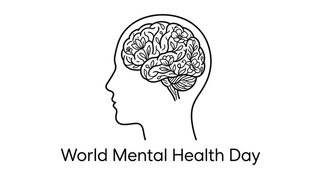 Line art human head silhouette with detailed brain for World Mental Health Day.