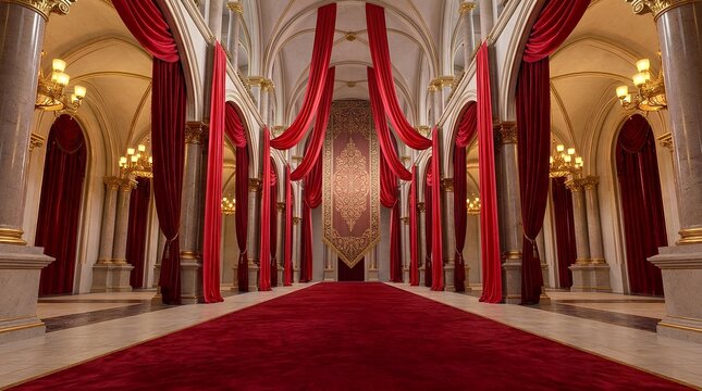 Luxurious palace hall featuring grand red carpet and velvet drapery.