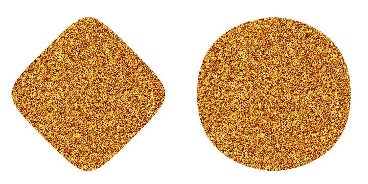 Two golden glitter circles with pixelated edges isolated on a plain white background isolated on a transparent background