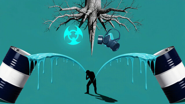 Man silhouette doused by toxic liquid from industrial barrels. Surreal art includes dead tree roots, gas mask, and biohazard symbol. Ecological crisis concept for environmental safety messaging.