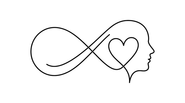 Minimalist line art combining infinity symbol heart and human profile.