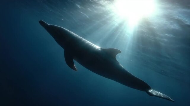 A dorsal view of a dolphin gracefully swimming upward, bathed in sunlit ocean rays