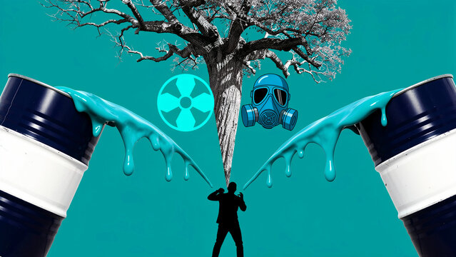 Surreal collage of toxic barrels dripping liquid over a man by a dead tree. Radiation and gas mask symbols highlight hazardous chemical waste. Ecological crisis theme for environmental awareness.