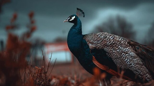 A majestic peacock poses in a field with moody tones, displaying its vibrant plumage