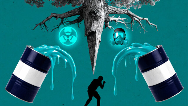 Chemical barrels spilling toxic waste near a silhouette under a dead tree. Artistic collage with biohazard signs and gas mask showing pollution. Environmental disaster and climate change concept.