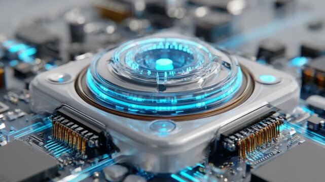Futuristic Processor Core: An intricate and advanced technological marvel, this central processing unit glows with vibrant blue light.