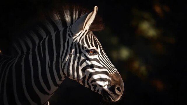 Portrait of a zebra facing left, illuminated against a dark background, showcasing its unique stripes