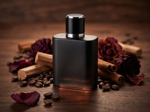 Black matte perfume bottle mockup on a wooden table, surrounded by roasted coffee beans, cinnamon, and dried red roses. Elegant dark moody aesthetic.