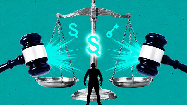 Businessman standing before scales and gavels. Paragraph symbols and key provide legal context. Justice concept for law firm marketing and compliance.
