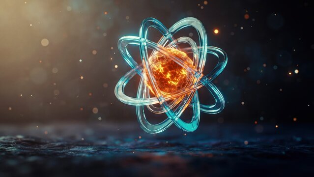 Intense glowing atom model with vibrant orange core and transparent blue orbits in dark scientific setting.