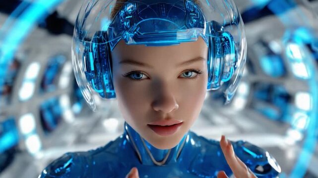 Futuristic Visionary: A young woman with striking blue eyes dons a high-tech holographic helmet and suit, surrounded by a luminous, intricate digital environment.