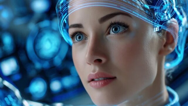 Future Visionary: A striking woman with intense blue eyes gazes into a futuristic digital interface, her face illuminated by glowing holographic technology, symbolizing innovation and advancement.