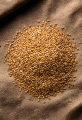 Obraz premium Grain harvest and agriculture concept, pile of raw wheat seeds on natural burlap fabric texture background