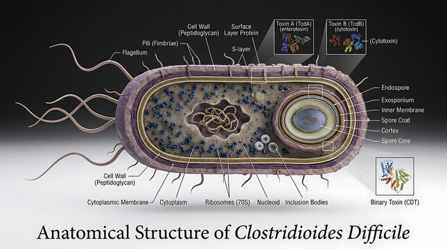 Detailed Transparent Anatomical Cross-Section of Gram-Positive Clostridioides Difficile Bacterium Revealing Thin Capsule, Thick Peptidoglycan Cell Wall with Teichoic Acids