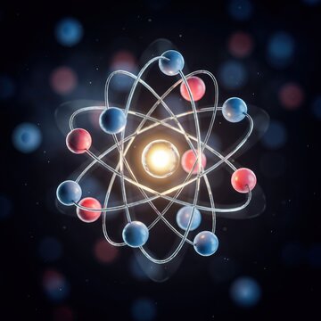Stylized atomic model showing metallic orbits with red and blue spherical particles around a glowing core.