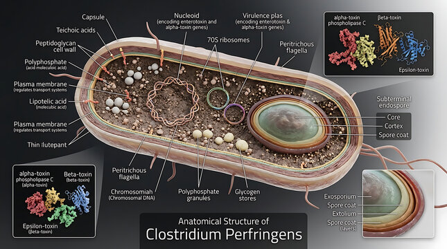Detailed Transparent Anatomical Cross-Section of Gram-Positive Clostridium Perfringens Bacterium Revealing Thin Capsule, Thick Peptidoglycan Cell Wall with Teichoic Acids