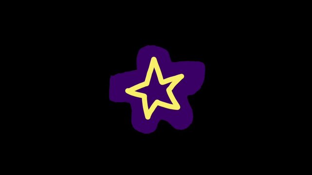 Animated hand drawn yellow star icon inside purple blob badge on transparent background, hand-drawn vector doodle animation FX.