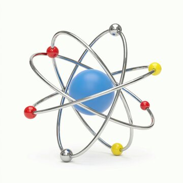 Atomic model illustration with blue nucleus and multicolored electrons on silver orbital paths over white surface.