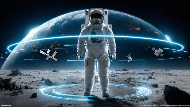 Astronaut on Lunar Surface: A solitary astronaut stands on the desolate lunar surface, with Earth hanging majestically in the vast, star-studded cosmos. Illuminated by futuristic blue rings.