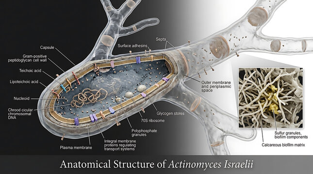 Detailed Transparent Anatomical Cross-Section of Gram-Positive Actinomyces Israelii Bacterium Revealing Thin Capsule, Thick Peptidoglycan Cell Wall with Teichoic Acids