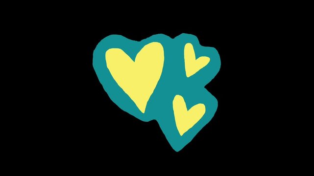 Hand drawn animated floating yellow hearts on teal splash shape with transparent loop background for romantic Valentine day and mother day video project