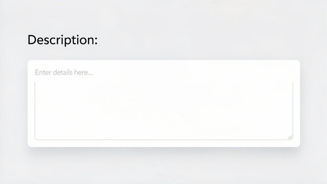 Clean user interface text box with description label on white background. Minimalist input field design for web forms and software applications. Modern UX design concept for digital mockups.