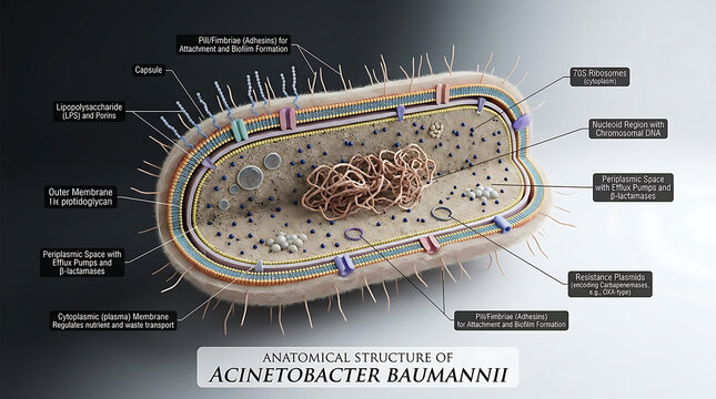 Transparent Anatomical Cross-Section of Gram-Negative Acinetobacter Baumannii Bacterium Revealing Thin Capsule, Outer Membrane Lipopolysaccharide, Periplasmic Efflux Pumps