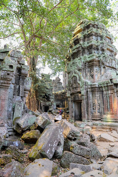 Krong Siem Reap, Cambodia - 04 February 2020: View of Ta Prohm temple ruins, featuring intricate stone carvings, mossy blocks, and massive tree roots growing over the ancient structures.