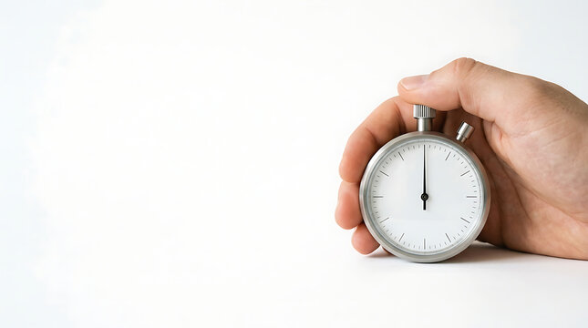 Person holding a classic mechanical stopwatch on a clean white background representing time management and deadlines