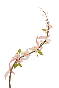 Floral border with pink cherry blossom branch and green leaves. Delicate spring branch decoration with pink ribbon. Elegant flower twig set on white background. Nature element.