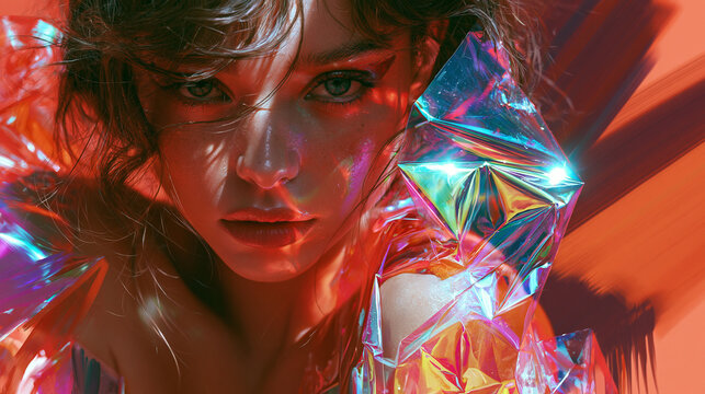 Digitale Illustration einer Frau mit schillernden holografischen Elementen in Rot und Blau, futuristischer Stil f&uuml;r Fantasy und Sci-Fi Design.