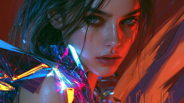 Digitale Illustration einer Frau mit schillernden holografischen Elementen in Rot und Blau, futuristischer Stil f&uuml;r Fantasy und Sci-Fi Design.