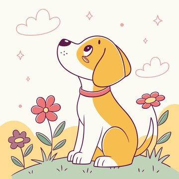 Adorable beagle puppy looking up at stars in grassy field with flowers and clouds flat vector illustration for kids nursery decoration or cute stationery design theme.