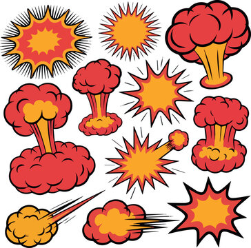 Cartoon explosions. Comic explosive detonation, game bomb blast, explose animation, explode cloud effects, crash atomic explosions. Vector set on No Background