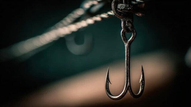 A macro shot of a metal fishing hook with a blurred chain against a dark backdrop