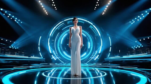 Stage Presence: A confident woman in an elegant white gown stands center stage, illuminated by futuristic blue lighting and dynamic stage effects, exuding star power and charisma.
