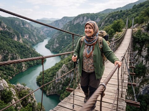Senior Middle Eastern Adventurer Crossing Canyon Bridge