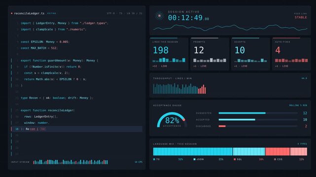 Live engineering dashboard showing AI pair programming session with real-time code edits and productivity analytics in a dark mode 4K loop. professional stock footage for technology, business, and.