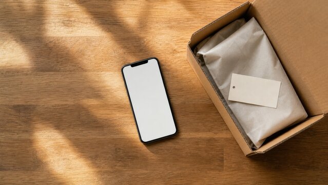 Blank smartphone beside an open parcel on a warm wooden table, ideal for mobile shopping, Cyber Monday orders and ecommerce advertising