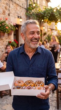 Joyful Senior Man With Fresh Bakery Donuts