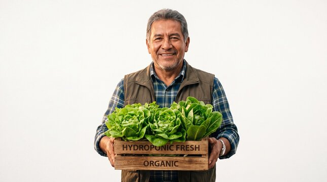Senior Hispanic Farmer with Fresh Hydroponic Lettuce