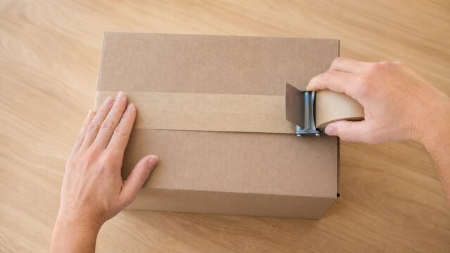 Hands resealing a plain cardboard box with paper tape, ideal for easy ecommerce returns, customer service and post-purchase retail content