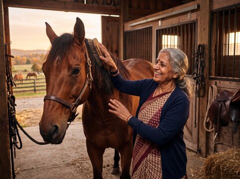 Senior Indian Grandmother Caring for Horse in Stable