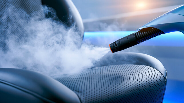 Steam cleaning device releasing vapor on black leather car seat with perforated texture in a modern interior setting illuminated by soft blue light