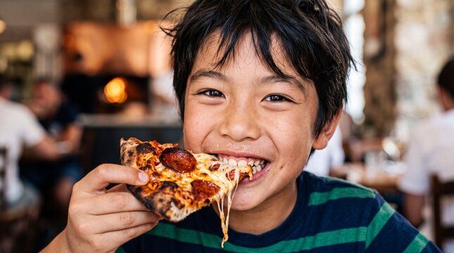 Energetic Child Enjoying Crispy Pepperoni Pizza