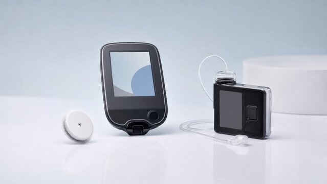 Continuous glucose sensor, reader and compact insulin pump displayed together, ideal for diabetes technology and chronic care monitoring